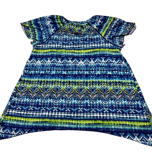 French Laundry Blouse XL Blue Yellow Green Tribal Short Sleeves Cotton Blend - Picture 2 of 7